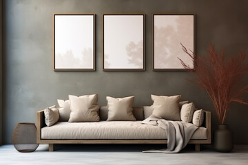 Wall Mural - Part of home interior, sofa near wall, picture frames, light and shadow from window