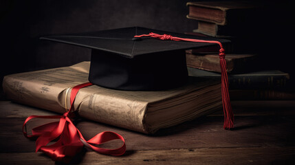 A mortarboard and graduation scroll, tied with red ribbon, on a stack of old battered book with empty space to the left. Slightly undersaturated with vignette for vintage effect.