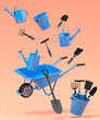 Garden wheelbarrow with garden tools like shovel, rake and fork on orange