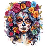 Fototapeta  - Woman sugar skull with beautiful colored flowers on white background.
