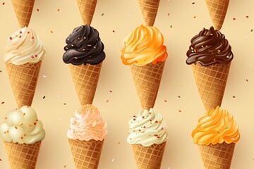 Incorporate a variety of waffle cones with different ice cream flavors. AI Generated