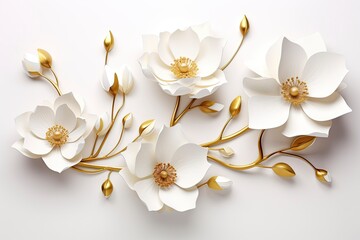 3d gold flowers white backgroung.