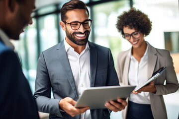 Happy young business man executive holding pad computer at work. Male professional employee using digital tablet fintech device standing in office checking financial online market data.