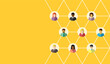 Group of diverse people connected by lines in flat design. Network, connection or communication concept with copyspace.