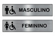 © Rafael - Placas Retângulares Prateadas para Banheiros. Arte com textura metálica para sinalização de sanitários masculinos, femininos e deficiêntes, com detalhes em preto.