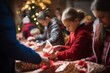 image of a volunteer group wrapping gifts for underprivileged children in a local community center, embodying the spirit of giving and altruism during the Christmas season