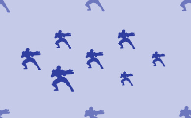 Poster - Seamless pattern of large isolated blue combat robots. The pattern is divided by a line of elements of lighter tones. Vector illustration on light blue background