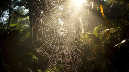 Wall Mural - a spider web in the middle of a forest with the sun shining through it. generative ai