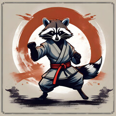 Wall Mural - Karate raccoon for gym and dojo, retro cartoon illustration. Generative AI