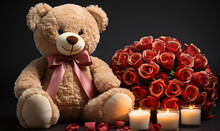 Teddy Bear With A Pink Bow Sitting Next To A Heart-shaped Bouquet Of Red Roses And White Candles In Glass Holders Against A Black Background.