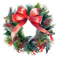 Watercolor illustration of a Christmas Wreath. Ai generated. Transparent background, PNG