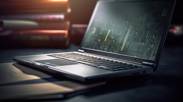 concept of e-learning technology, graphic of realistic computer notebook with book's pages as screen.