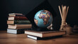 Concept of global business study abroad education. Graduation hat on models globe, books with pencils on wood white background. Congratulations to graduated, Studies lead to success. Back to School.