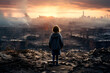 A child against the background of a destroyed city. Solid ruins, no future. The concept of war in our time