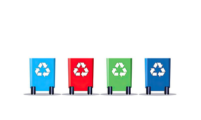 Wall Mural - Zero waste concept, trash in recycling container with white recycle symbol, illustration of four waste containers on white background. 