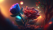 Spectral light illuminates transparent red colored red roses abstract flower art, generative ai