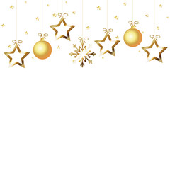 Christmas gold stars and balls hanging. New Year Christmas card design with gold decorations