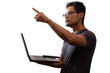 Young Latino with glasses and laptop, directing with hands, networking concept, programming, cyber security. Isolated.