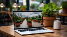 Laptop Vista De Perfil En Una Oficina Con Mucha Vegetación. Creado Con IA