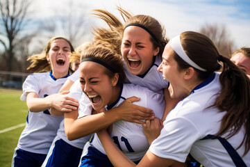 group of young female soccer players celebrating victory