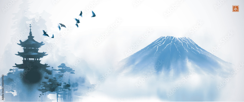 Serene landscape with a Japanese pagoda, a soaring flock of birds, and ...
