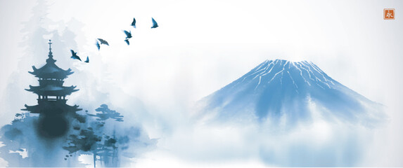 serene landscape with a japanese pagoda, a soaring flock of birds, and mount fuji shrouded in mist, 