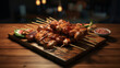 Brochette de poulet et de boeuf japonaise. Riz, saumon, avocat, sésame. Japon, cuisine traditionnelle, plat, nourriture. Pour conception et création graphique.