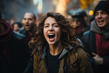 Fototapeta  - Angry woman activist shouting slogans defending the rights of the oppressed at demonstrations among like-minded people