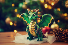Green Wooden Dragon Toy - The Cute Sign Of New Year 2024 On Christmas Background.