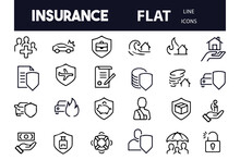 Insurance Icons Set. Assurance And Insurance Outline Icons Collection. Life, Medical, Car, Travel, House, Healthcare, Money And Social Insurance Set