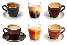 Set Of Realistic Coffee Cup PNG - Cups Of Hot Aromatic Espresso Coffee On White And Transparent Background - Coffee Shop Drinks Advertising Concept - Coffee Shop Banner