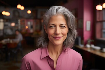 Attractive mature businesswoman looking at the camera with a quiet smile of satisfaction.