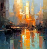 Fototapeta Nowy Jork - Abstract oil painting of a city showing bright colours, style of light aquamarine and light amber, pixelated, palette knife thick oil paint. Good as a poster for wall decor or interior.