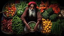 Bright Portrait Indian Salesman Of Shopkeepers Sitting In Their Shops On Market With Vegetables And Spices AI