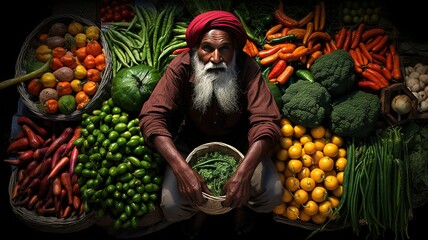 bright Portrait indian salesman of shopkeepers sitting in their shops on market with vegetables and spices AI