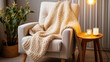 A vintage-style armchair with a crochet blanket, evoking nostalgia and handcrafted warmth in a cozy corner of the room