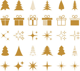 Wall Mural - set of gold christmas icons. christmas tree, gift box, sparkle star geometric minimalist elements. p