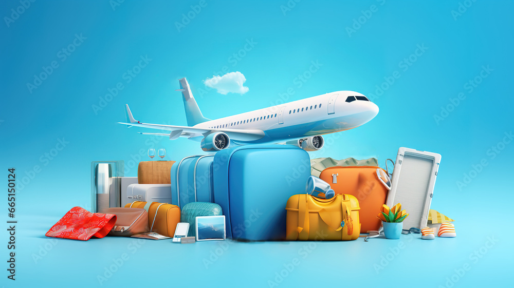 Time to travel concept poster 3D with ticket for flight airplane ...