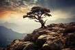Majestic tree standing atop rugged peak. Generative AI