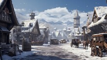 A picturesque snow-covered village square, complete with an old-fashioned horse-drawn carriage