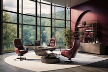 Circular Office Layout With Mauve Accents: Dual Swivel Chairs, Round Center Table, Panoramic Hillside Views, And Modern Arch Shelving