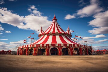 Wall Mural - Circus tent against the blue sky with clouds. Circus poster, poster. World Circus Day. Generated by artificial intelligence