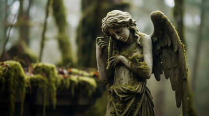 Wall Mural - stone statue of an angel weeping, set in an old cemetery covered in moss, soft overcast lighting