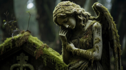 Wall Mural - stone statue of an angel weeping, set in an old cemetery covered in moss, soft overcast lighting