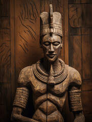 Wall Mural - wooden tribal African statue, earth - toned, against a textured wall, natural window lighting from the right