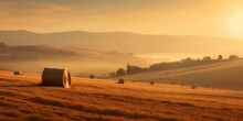 Sundown Over Rolling Hills, Warm Earth Tones, Few Scattered Bales Of Hay, Mist In The Valleys