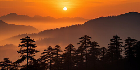 Canvas Print - sundown over mountain range, fiery orange and red sky, silhouettes of pine trees, wisps of fog, tele