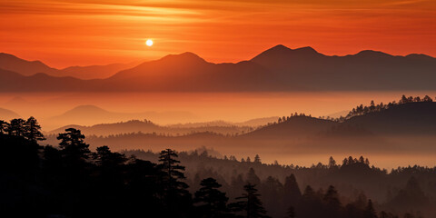 Canvas Print - sundown over mountain range, fiery orange and red sky, silhouettes of pine trees, wisps of fog, tele