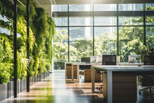 Green Living Wall With Perennial Plants In Modern Office. Urban Gardening Landscaping Interior Design. Fresh Green Vertical Plant Wall Inside Office
