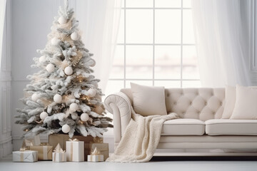 Modern minimalistic stylish living room with a large window in pastel color with sofa, pillows and plaid. Сhristmas tree, gift boxes, new year's decor 